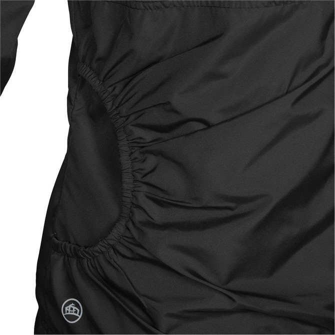A black rain jacket featuring gathered side details and a logo. Ideal for wet weather.