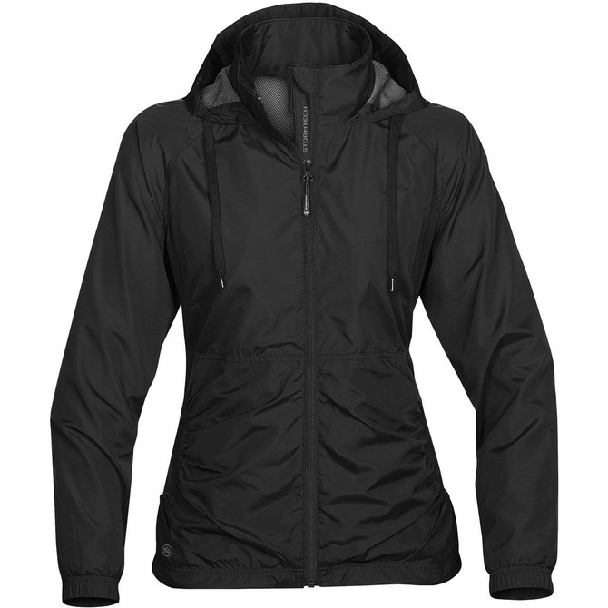 A women's black rain jacket with a hood, featuring zippered front and adjustable drawstrings. It has a logo on the front.