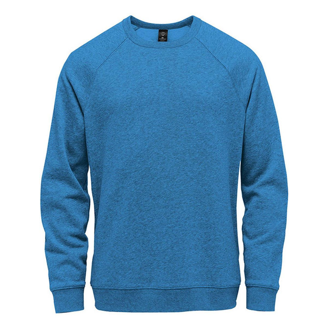 A blue fleece crew neck sweater with long sleeves and a logo on the front.