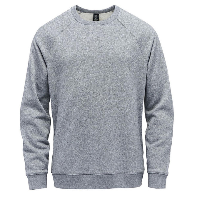 A grey crew neck sweater featuring long sleeves and a relaxed fit, with a logo on the label.