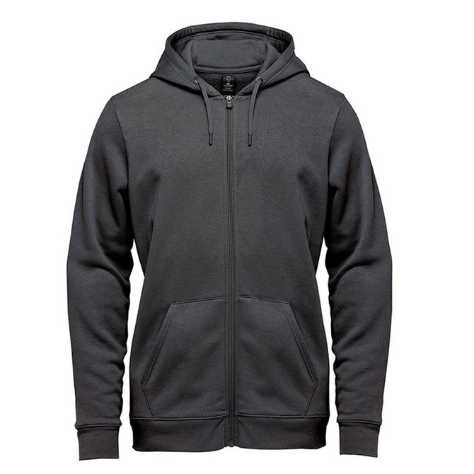 A men's full zip hoody in dark grey, featuring a front zipper and pockets. Includes a branding logo.