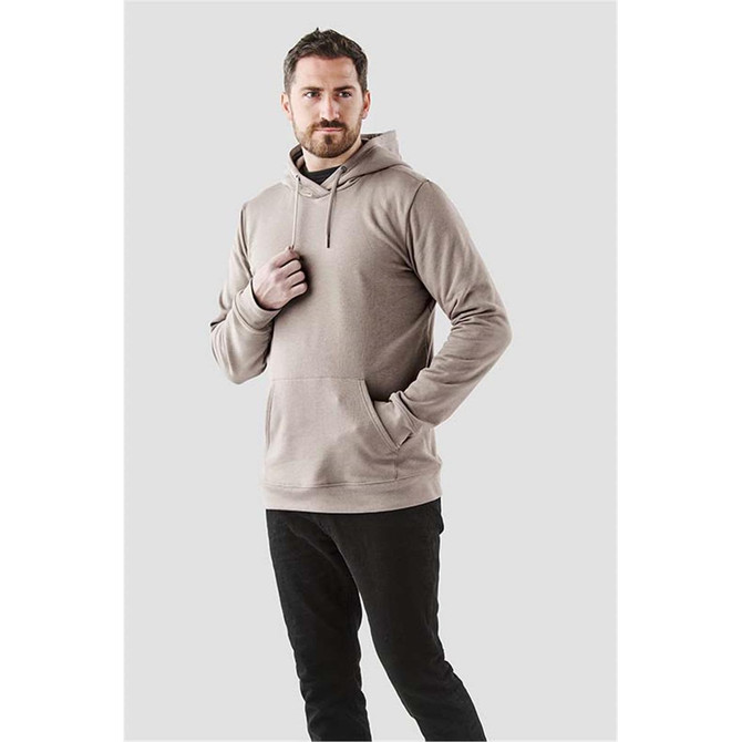 A men's hoodie in a light beige colour features a front pocket and a hood, with a logo on the sleeve.