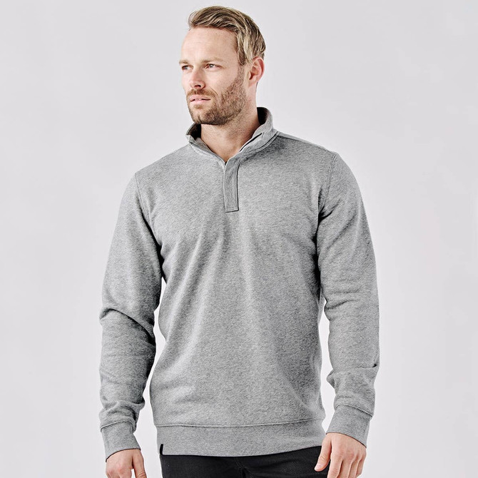 A grey 1/4 zip pullover jumper for men, featuring long sleeves and a collar. Includes a logo on the front.