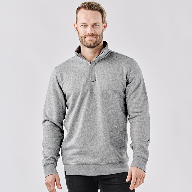 A grey men's pullover with a quarter zip and a collar, featuring a logo on the chest.