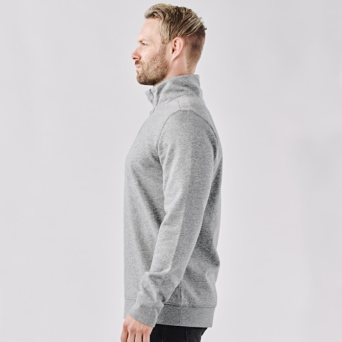A grey men's pullover with a 1/4 zip and a stand-up collar, featuring a logo on the chest.