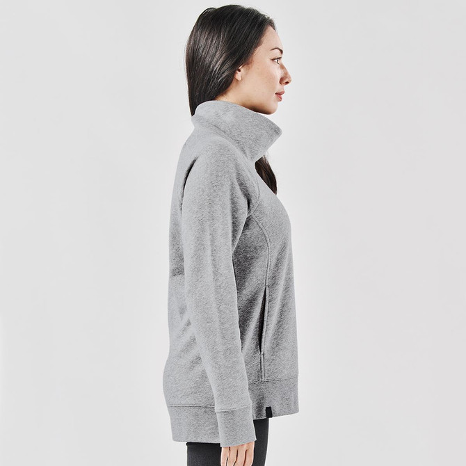 A grey women's pullover with a cowl neck and a logo, featured in a side profile view.