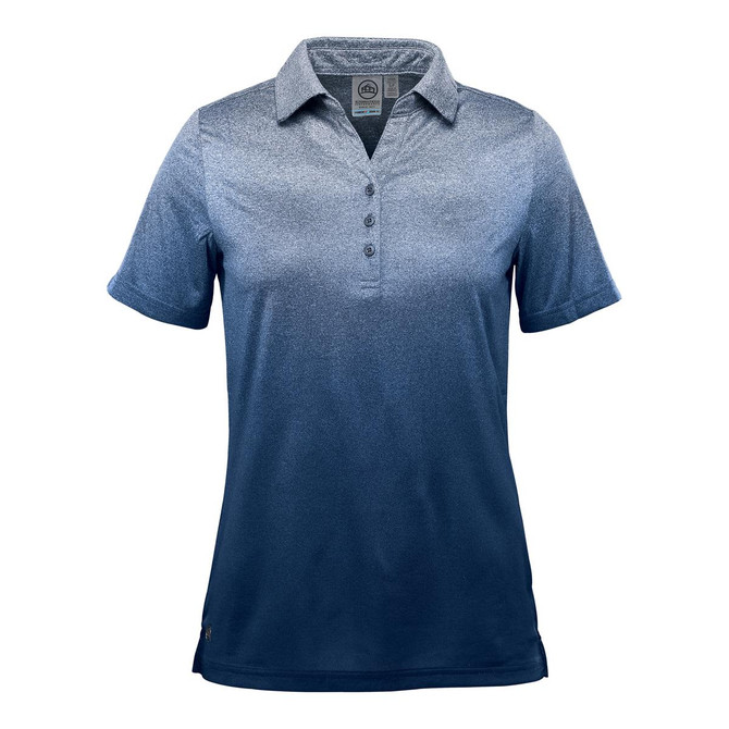 A women's polo shirt featuring a gradient design from light blue to dark blue, with a collar and button placket.