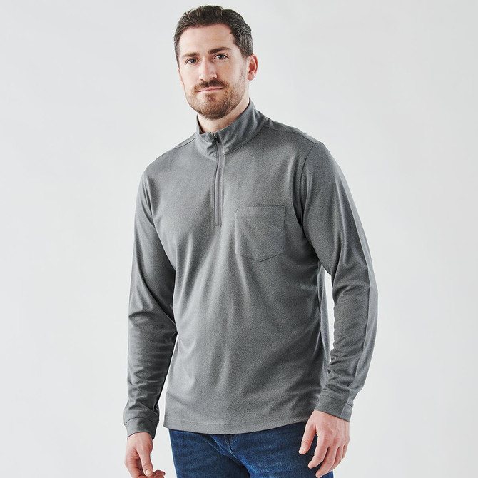 A grey men's pullover with a 1/4 zip and a chest pocket, featuring long sleeves and a logo.