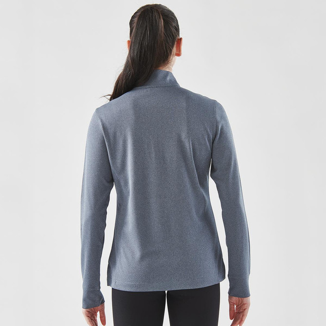 A women's grey Dockyard 1/4 zip pullover, featuring a snug fit and a collar, displayed from the back.