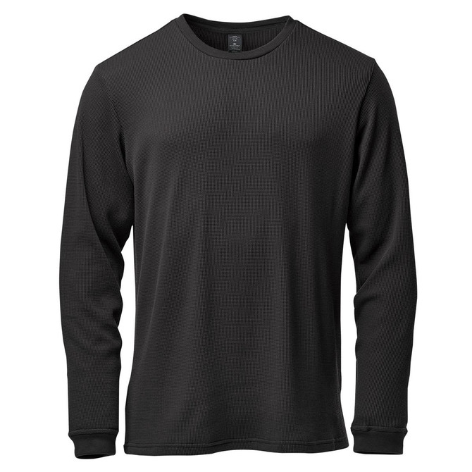 A black long-sleeved crew neck shirt with a textured fabric and a logo on the tag.
