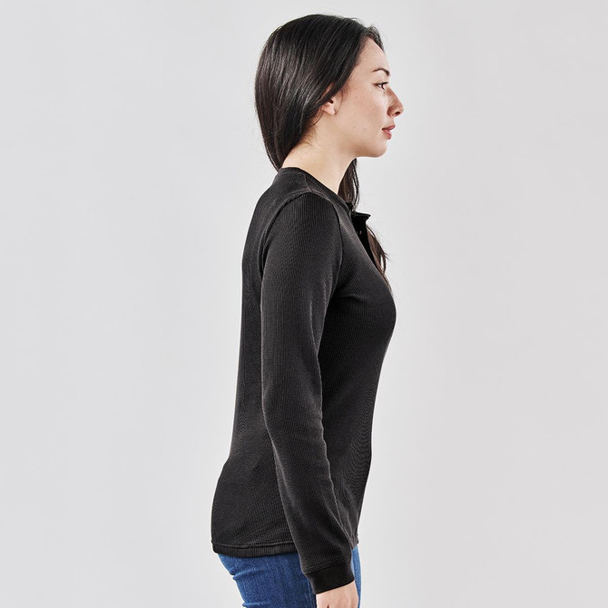 A women's long-sleeve Henley shirt in black, featuring a buttoned neckline and a fitted silhouette.