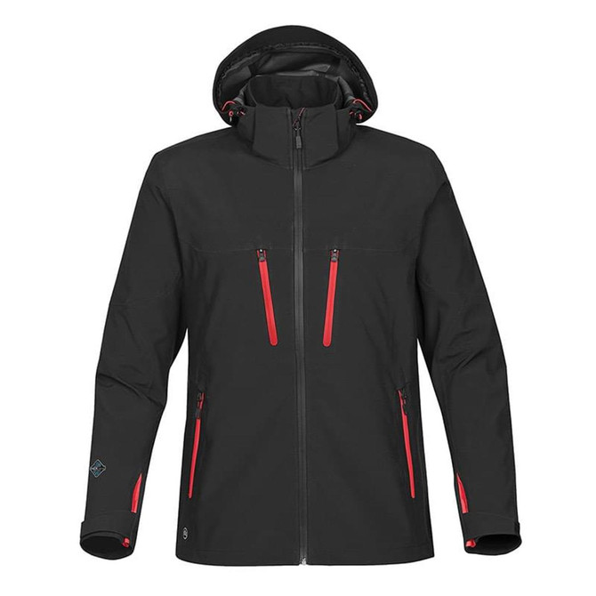 A black softshell jacket with red zippers and a hood, featuring a logo on the sleeve.