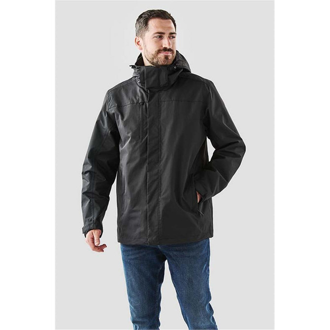 A black men's jacket with a hood, featuring a logo, designed for various weather conditions.