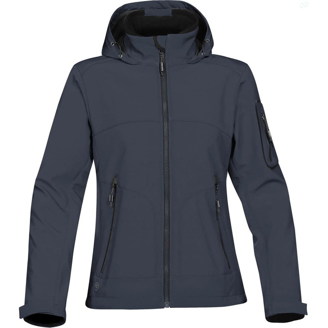 A women's softshell jacket in dark navy, featuring a hood and multiple zippered pockets, with a logo on the sleeve.