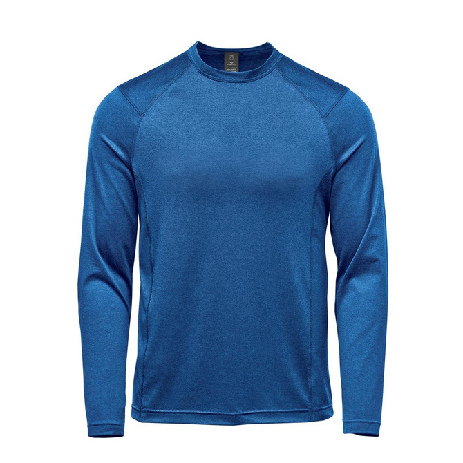 A long-sleeve crew neck shirt in blue, featuring a fitted design and a logo on the chest.