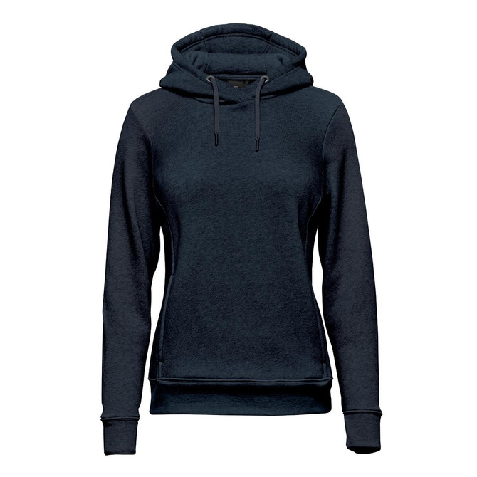 A women's pullover hoody in dark navy with a kangaroo pocket and a drawstring hood. It has a subtle branding logo.