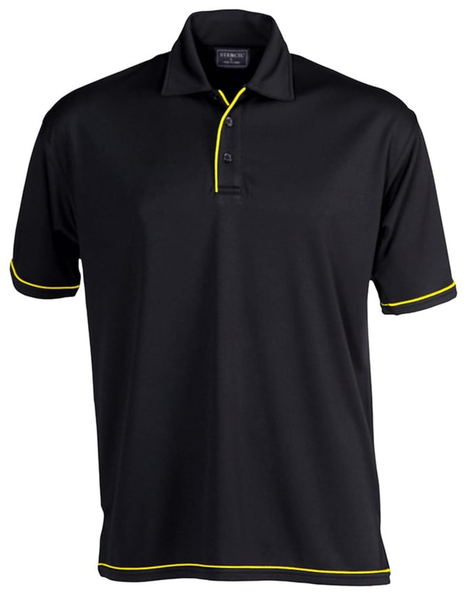 A black polo shirt with yellow piping and a collar. It features a button placket and has a logo on the chest.