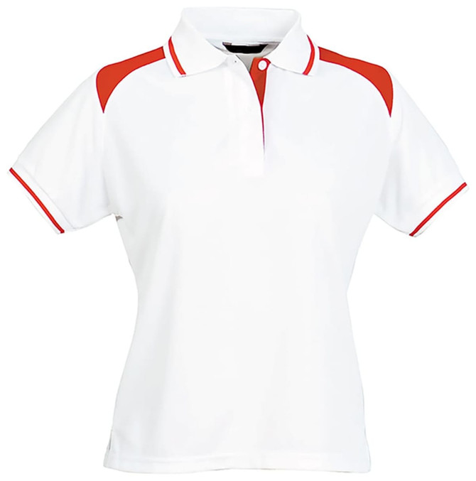 A white ladies' polo shirt with red accents and a logo on the chest.