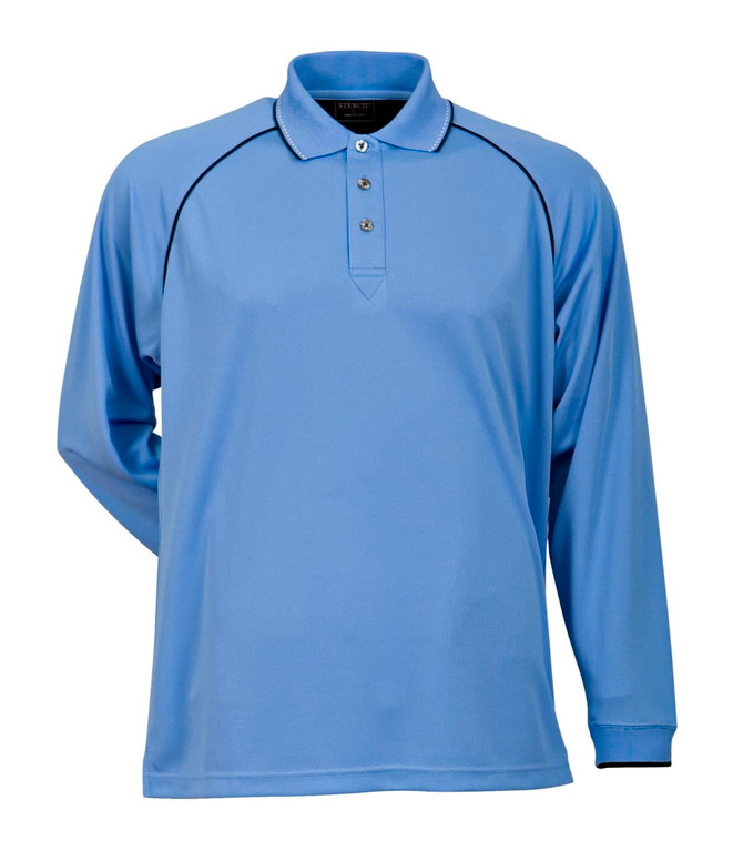 A light blue long-sleeved polo shirt with a collar and button placket, featuring contrasting trim and a logo.