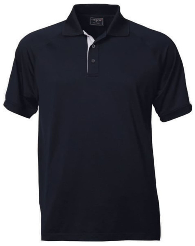 A navy blue men's polo shirt featuring a contrasting white collar and a logo on the chest.