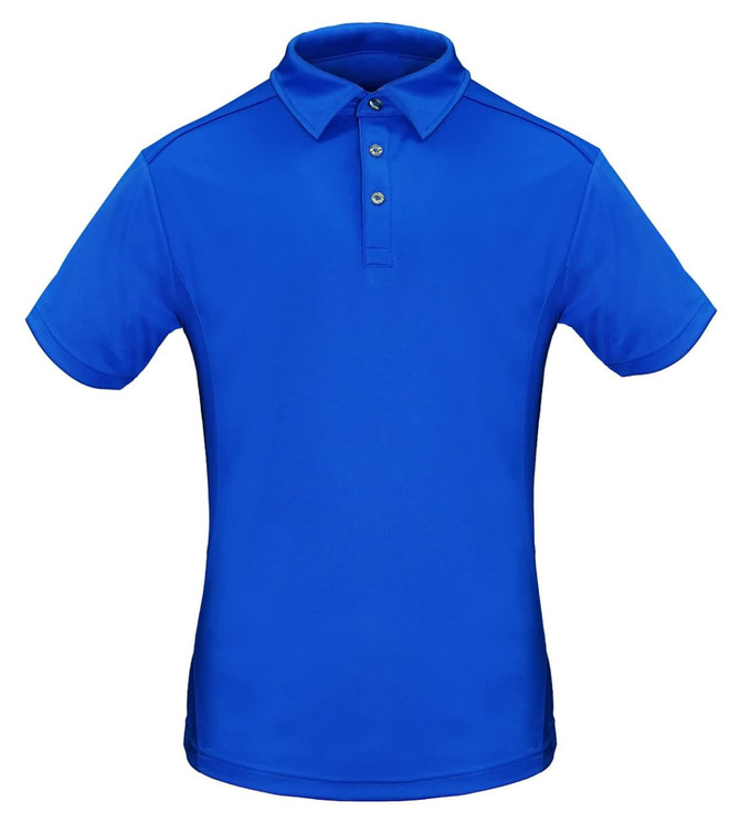 A blue polo shirt featuring a classic collar and three buttons, with a logo on the chest.