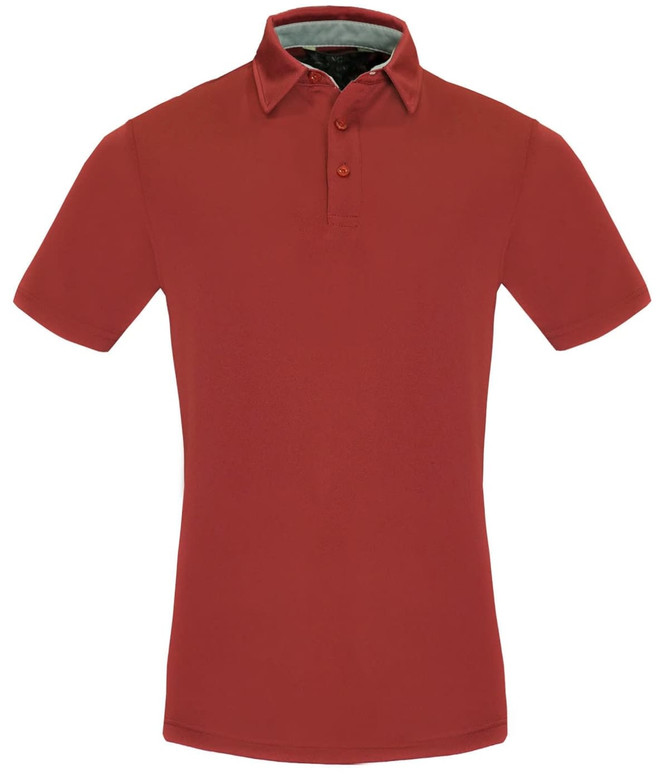 A red men's polo shirt with a classic collar and a logo on the chest area.