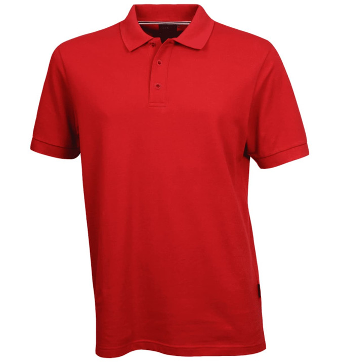 A red men's polo shirt with a collar, short sleeves, and a logo on the side.