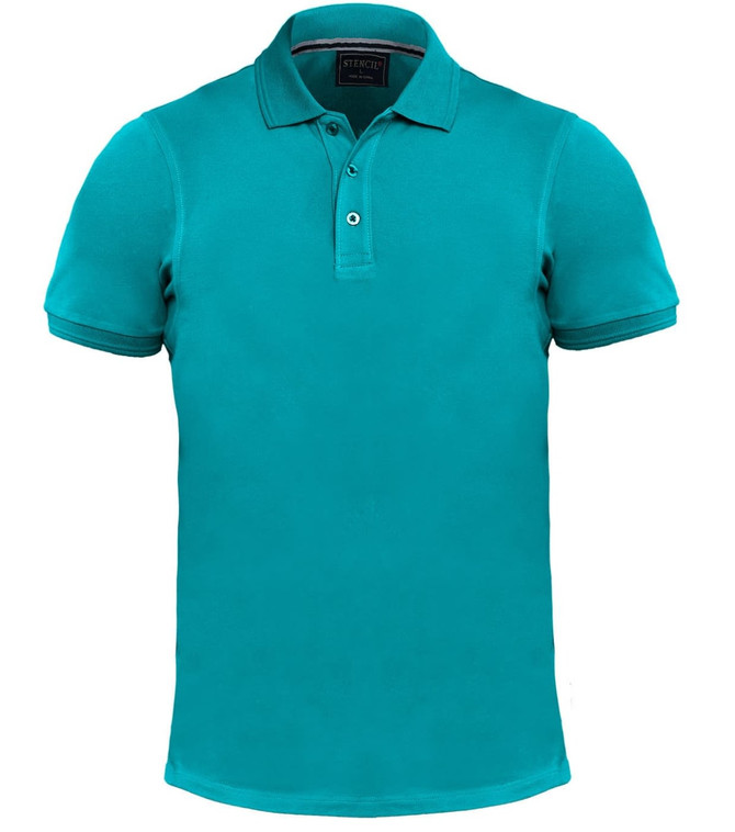 A turquoise polo shirt with a classic collar and three buttons, featuring a logo on the neckline.