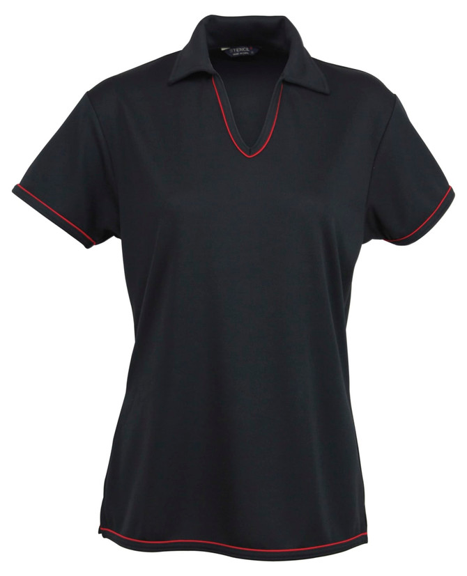 A black polo shirt for ladies featuring a v-neck and red piping. The shirt has a collar and short sleeves.