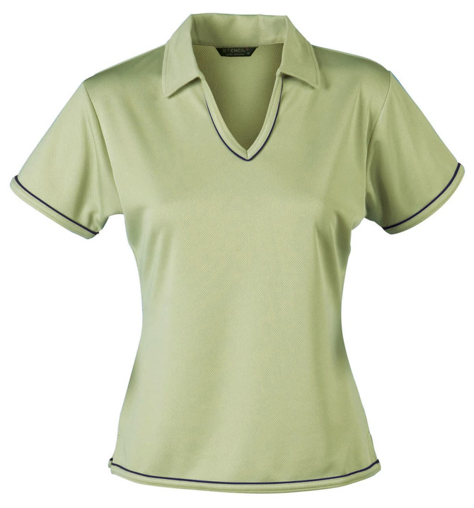 A light green ladies' polo shirt with a v-neck and contrasting trim, featuring a logo on the chest.