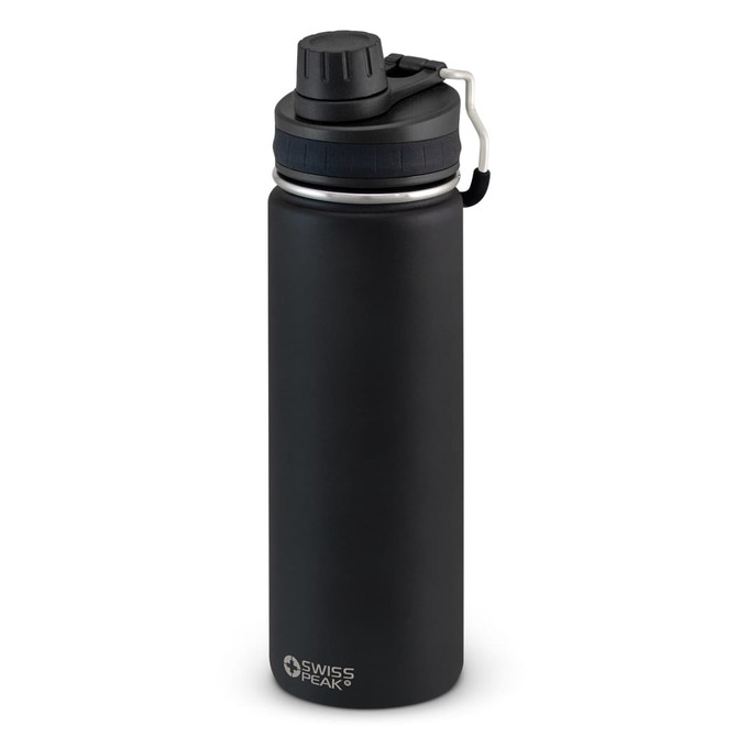A drink bottle in matte black with a screw-on lid and a metal clip, featuring a logo on the side.