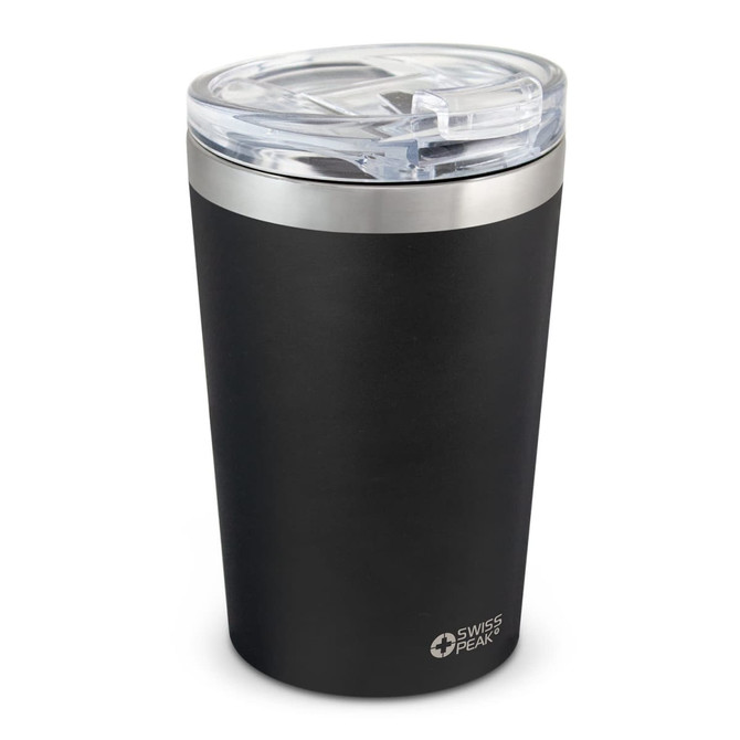 A drink bottle with a sleek black design, stainless steel rim, and a clear lid featuring a logo.