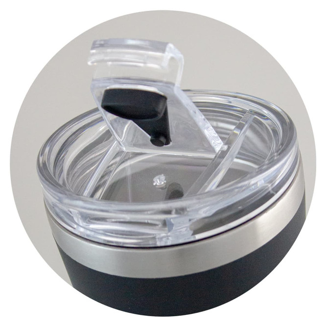 A drink bottle featuring a black exterior, stainless steel base, and a clear lid with a flip top. It has a branding logo.