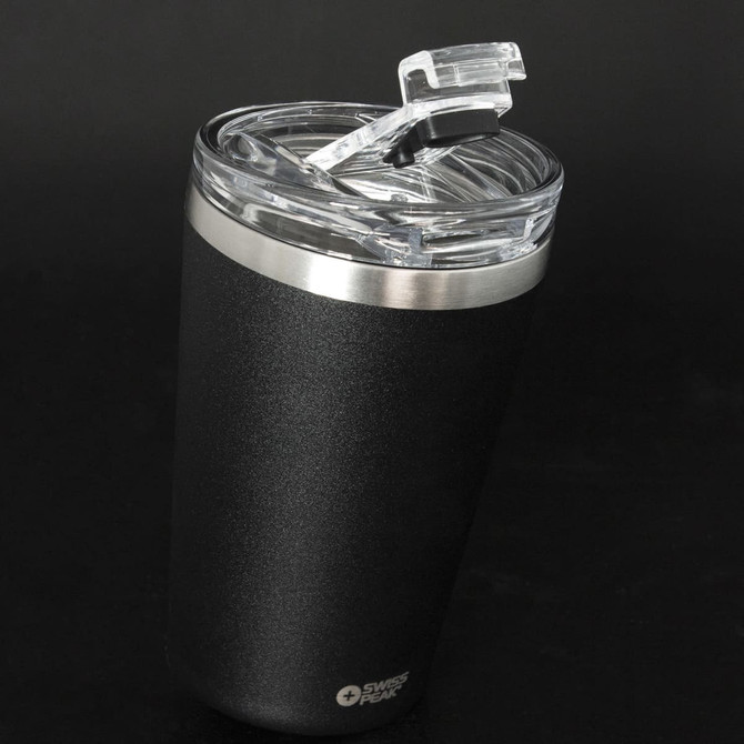 A drink bottle featuring a sleek black finish with a silver band and a clear lid. It has a logo on the front.