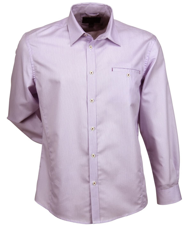 A long-sleeved button-up shirt in light purple with a chest pocket and a logo.
