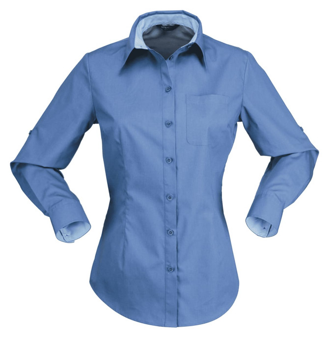 A blue long-sleeve button-up shirt for ladies featuring a chest pocket and rolled sleeves. The shirt has a logo.