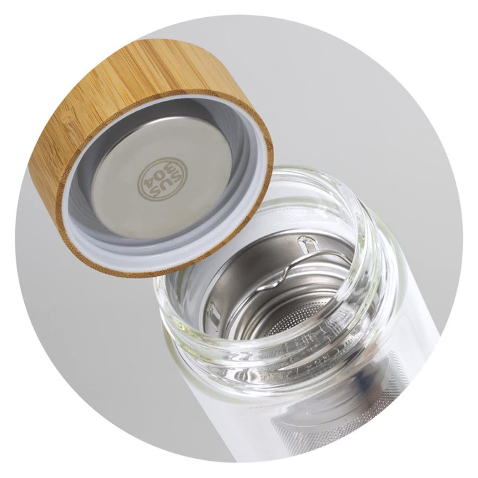 A drink bottle with a glass body, stainless steel infuser, and a bamboo lid. It features a logo on the interior.