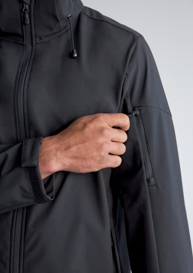 A black rain jacket with a zippered pocket on the sleeve, highlighting a hand reaching for the pocket.