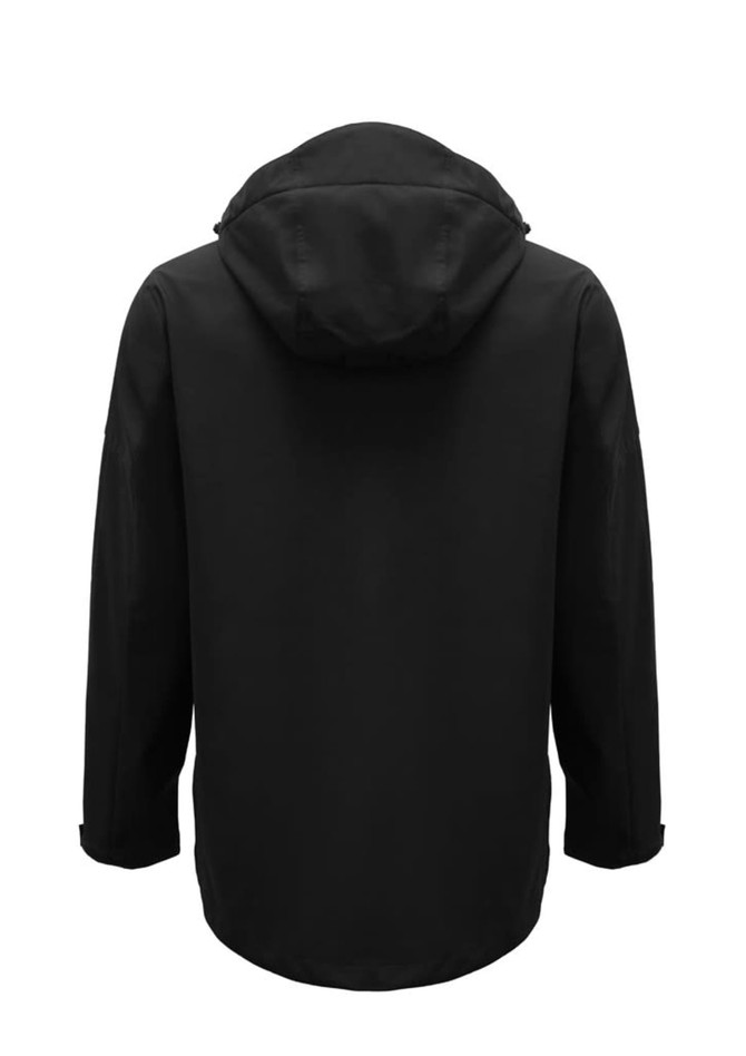 A black men's rain jacket with a hood, featuring a simple design and a logo on one sleeve.