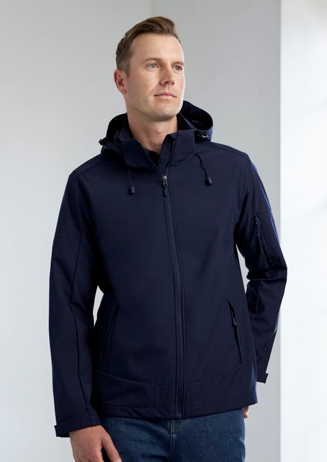 A navy blue rain jacket designed for men, featuring a hood and a zippered front, with pockets and branding.