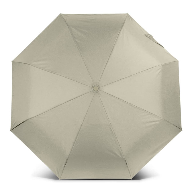 A compact umbrella in a light khaki colour with an octagonal shape and a central opening mechanism. It has a logo.