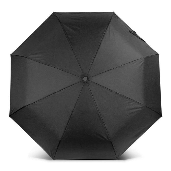 A compact black umbrella with an octagonal canopy and a central opening mechanism, featuring a logo.