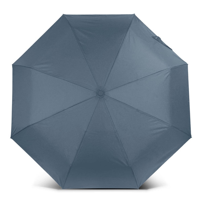 A compact umbrella in a solid slate grey colour with a central button and a sleek design. It features a logo.