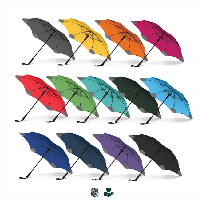 A range of BLUNT Classic Umbrellas in various colours, including grey, yellow, orange, green, blue, and purple, with a logo.
