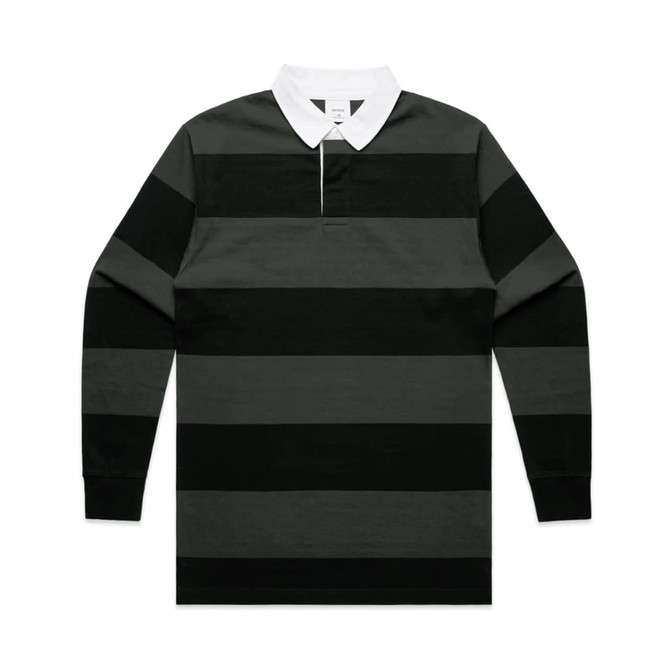A long-sleeve polo shirt in dark grey and black stripes with a white collar and a logo on the chest.