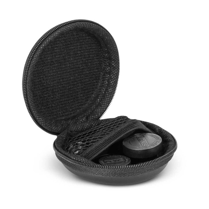 A black, zippered case containing three lens attachments and a small mesh pouch.