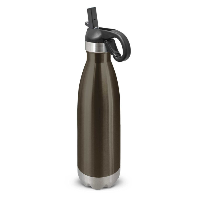 A drink bottle in dark green with a flip lid and a silver base, featuring a black handle and a logo.