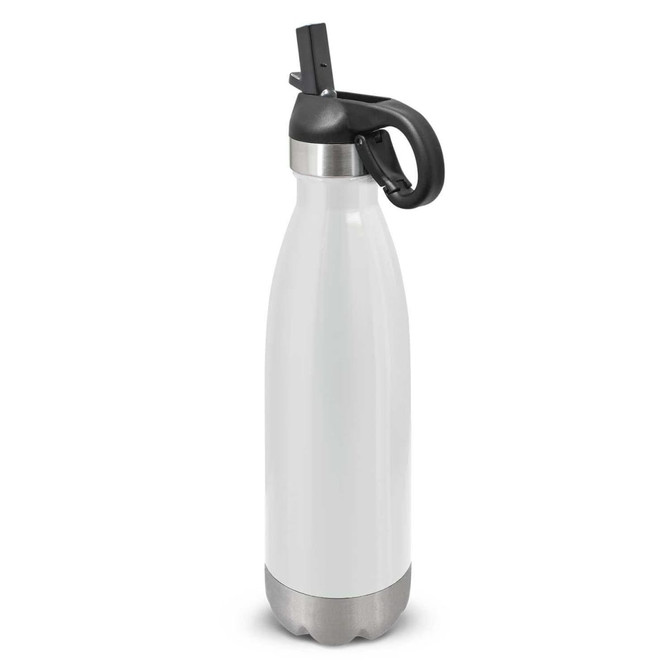 A drink bottle with a white body, stainless steel base, and a black flip lid, featuring a handle and branding.