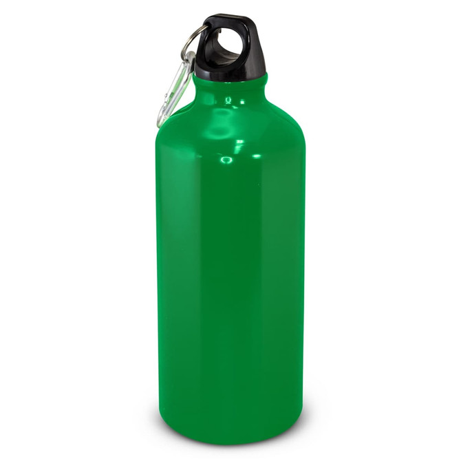 A drink bottle in bright green with a black cap and a carabiner attachment. It has a logo.