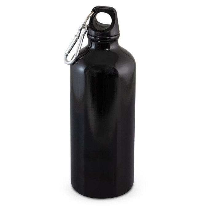A drink bottle in glossy black, featuring a detachable clip for easy carrying. It has a smooth, rounded shape.